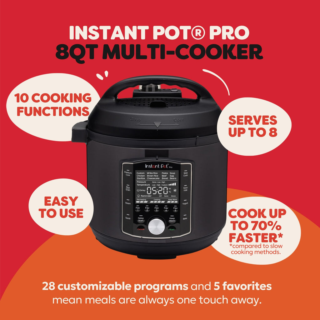 Instant Pot Pro (8 QT) 10-in-1 Pressure Cooker, Slow Cooker, Rice/Grain Cooker, Steamer, Sauté, Sous Vide, Yogurt Maker, Sterilizer, and Warmer, Includes App with Over 800 Recipes, Black